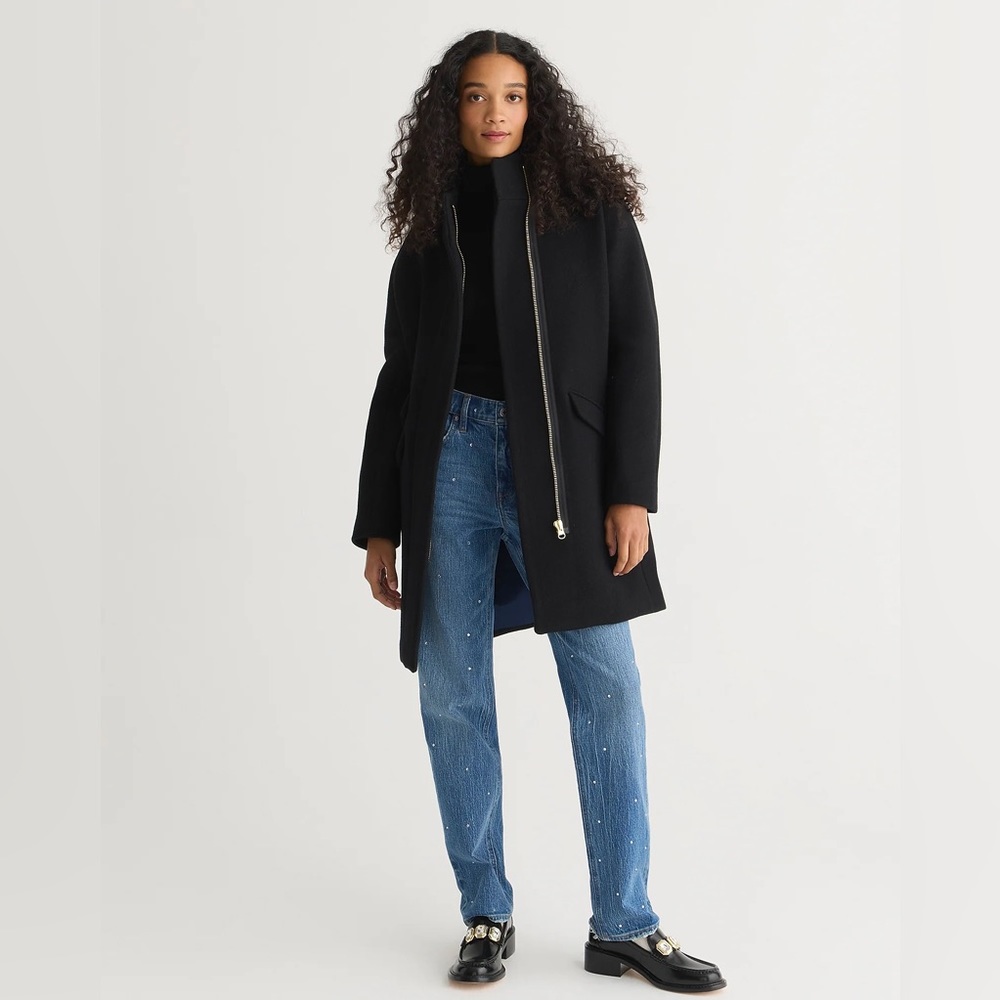 NWT J. Crew Black Cocoon coat in Italian stadium-cloth wool blend 00 XXS